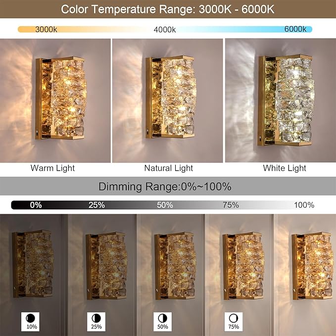 HuisMier Gold Crystal Wall Sconce, Modern Dimmable LED Sconces Wall Lighting, Luxury Vanity Light Fixture Bathroom Wall Sconces for Living Room Bedside Hallway Stairway