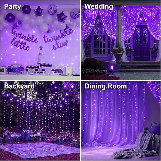 HXWEIYE 300LED Fairy Curtain Lights, 9.8x9.8Ft Purple USB Plug in 8 Modes Timer Christmas String Hanging Lights with Remote for Bedroom Backdrop Wedding Party Home Wall Garden Outdoor Indoor Decor
