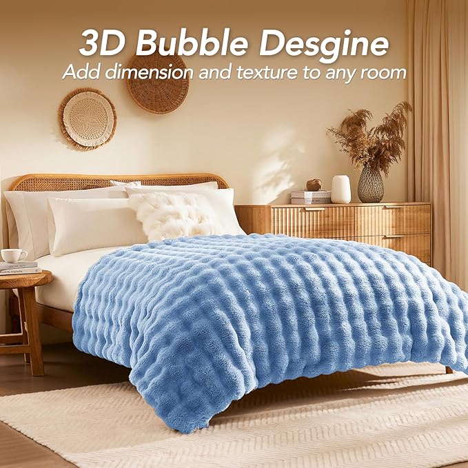 L'AGRATY Faux Fur Throw Blanket: 50" x 60" Luxury Soft Fluffy Rabbit Fur Blankets Twin for Couch Bed Sofa - Cozy Plush Bubble Blankets for Winter: Flannel Fleece Decorative Blanket(Airy Blue)