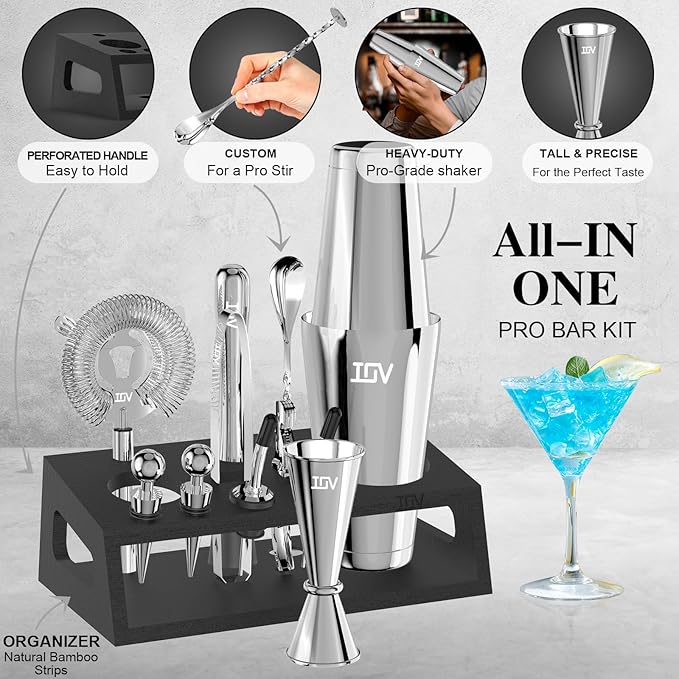 IOV Cocktail Shaker Set: 12-Piece Mixology Bartender Kit Bar Set | 18oz & 28oz Boston Shaker Drink Mixing Tools for Home with Recipe Booklet and Stand | Fun Housewarming Gift (Silver)