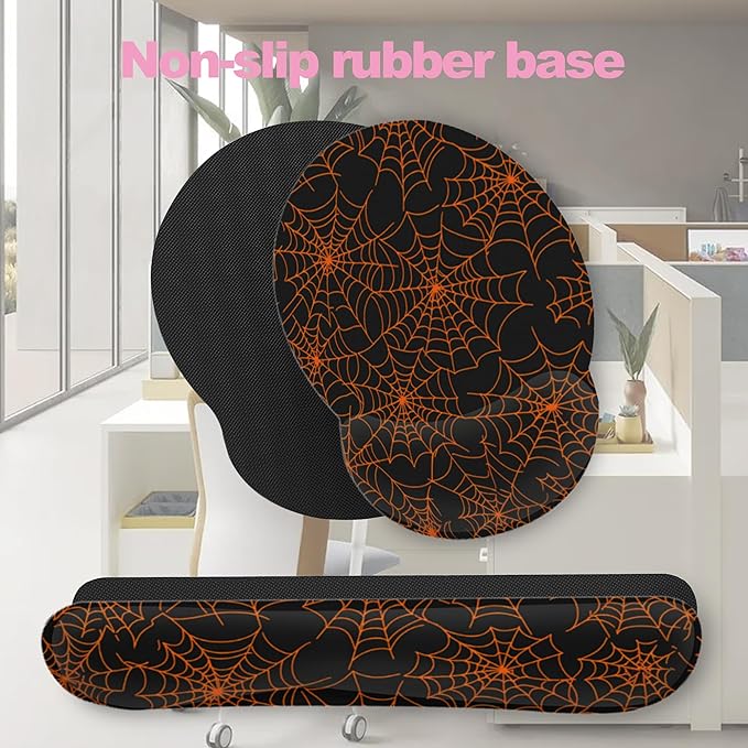 Halloween Spider Web Ergonomic Wrist Support Keyboard Mouse Wrist Rest Set, Computer Office Comfortable Wrist Rest for Mouse Easy Typing