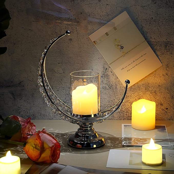 OwnMy Set of 2 Silver Moon Shaped Crystal Pillar Candle Holders Tealight Holders with Glass Covers, Metal Crystal Moon Pillar Candle Stands Votive Candlesticks Candle Lamps for Table Centerpieces