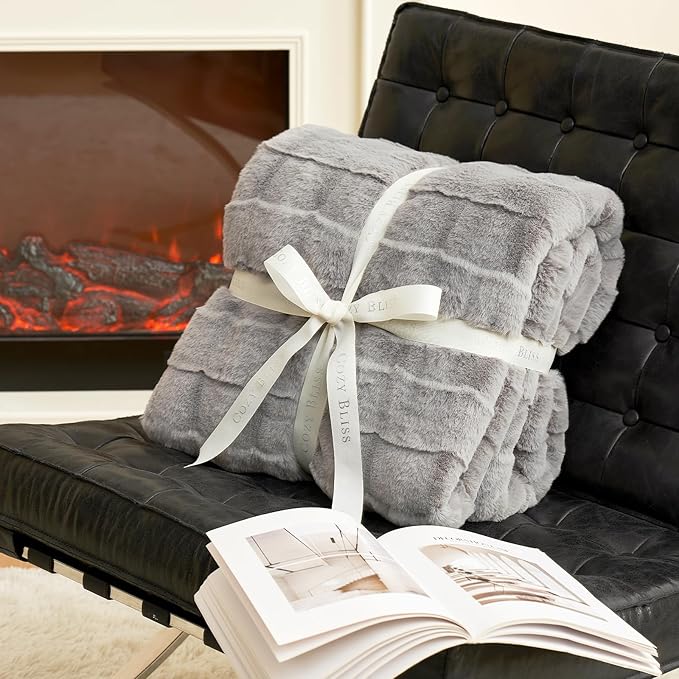 Cozy Bliss Fluffy Faux Fur Throw Blanket for Couch,Warm Cozy Soft Grey Throw Blankets for Sofa Bed Living Room,60x80 Inches
