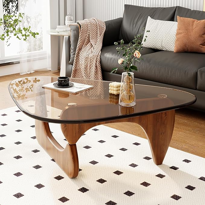 Coffee Table for Living Room Mid Century Modern Center Table with Glass Top and Oak Wood, Brown/Walnut