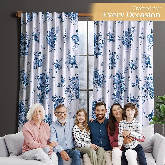 Maison d'Hermine Curtains for Living Room 100% Cotton 84 inch Length One Panel Window Curtains for Bedroom with Loop & Rod Pockets - Rose Garden - Blue, 50" W x 84" L