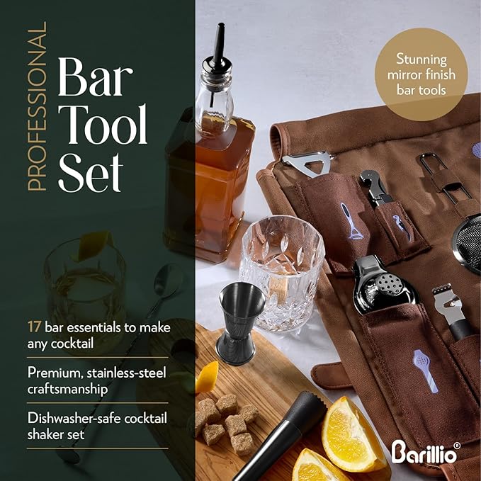 Barillio Bartender Kit Bag with Black Cocktail Shaker Set - Waxed Canvas, Traveling Bar Tools Bag with 17-Pc Cocktail Kit - Travel Mixology Bartending Kits - Mobile Bar Roll with Strap & Accessories
