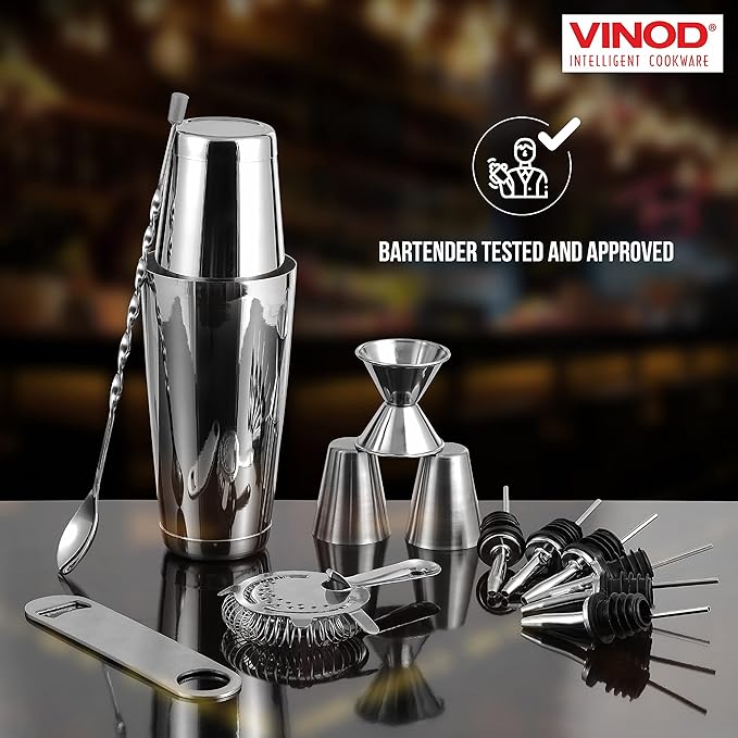 Vinod Stainless Steel Bar Set | 14 Piece Cocktail Accessories Set | 26 Ounce Boston Shaker w/Strainer Rubber Pourers Bar Jigger, Bottle Opener & More | Drink Mixer Bar Set | Bartender Kit