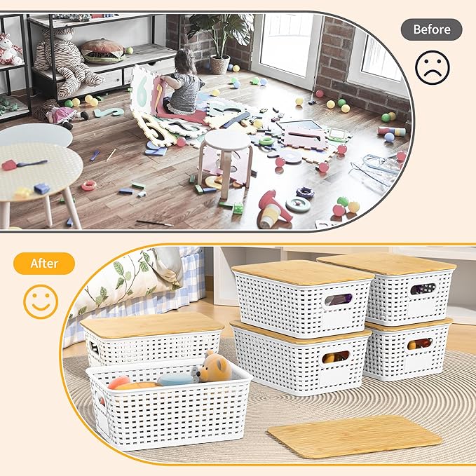 6 Pieces White Plastic Storage Baskets with Bamboo Lids with Labels Stackable Storage Containers for Organizing Shelves Drawers Desktop Closets Office