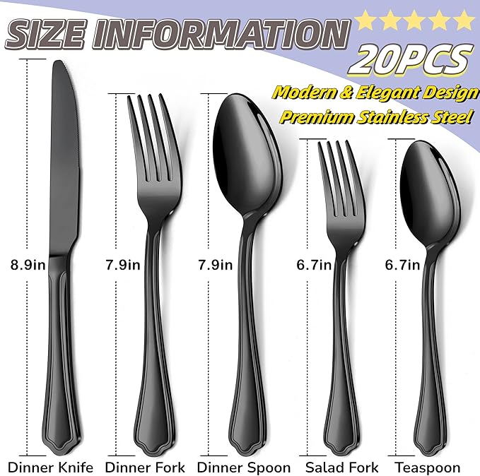 Herogo 20-Piece Black Silverware Set with Scalloped Edge, Stainless Steel Flatware Cutlery Set for 4, Modern Tableware Eating Utensils, Dishwasher Safe, Mirror Polished
