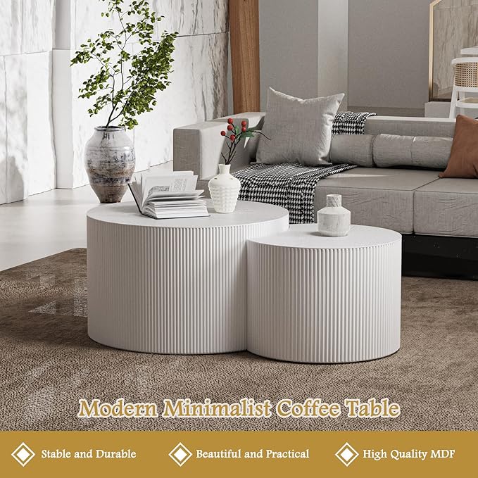 Round Coffee Table Set of 2 Modern Nesting Coffee Tables Wooden Drum Coffee Tables with Non-Slip Feet, Circle Nesting Tables End Table for Living Room Office, No Assembly (Cream 27.56"+19.69")