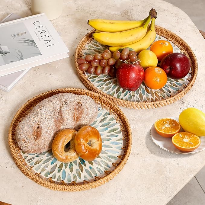 Round Rattan Tray with Mother of Pearl Inlay & Wooden Base - Decorative Wicker Serving Tray for Coffee/Bread/Fruits, Food Storage & Display - Multipurpose Home Decor (M,Colorful Leaves)