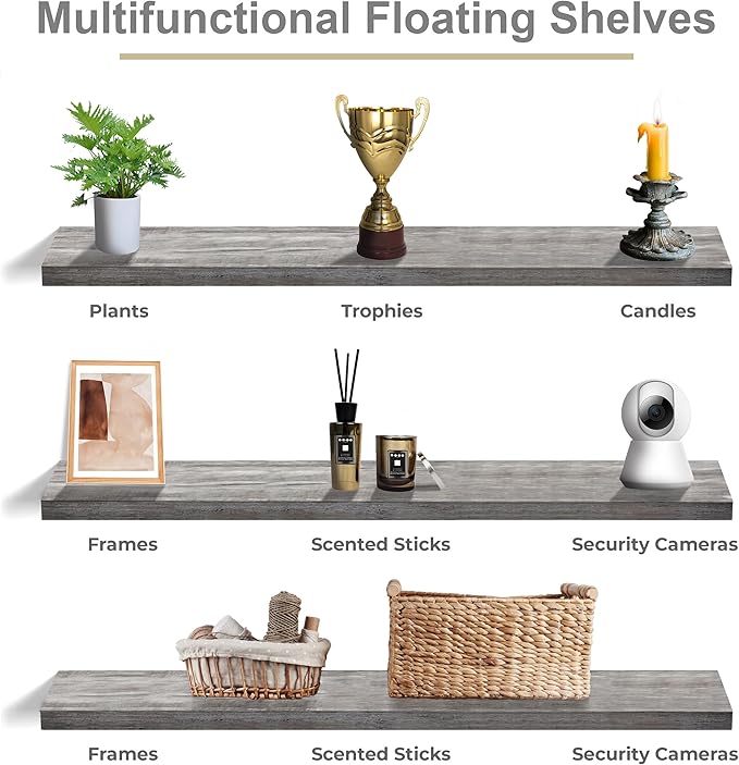 Sorbus Floating Shelves for Wall - 55 Inch Extra-Long Bathroom Shelves, Wall Decor for Bedroom, Kitchen, Living Room, Book Storage - Mounted Floating Shelf with Hidden Brackets (Gray, 3 Pack)