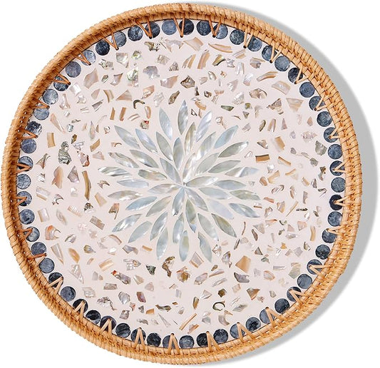 Round Rattan Tray with Mother of Pearl Inlay & Wooden Base - Decorative Wicker Serving Tray for Coffee/Bread/Fruits, Food Storage & Display - Multipurpose Home Decor (M,Blue Shells)
