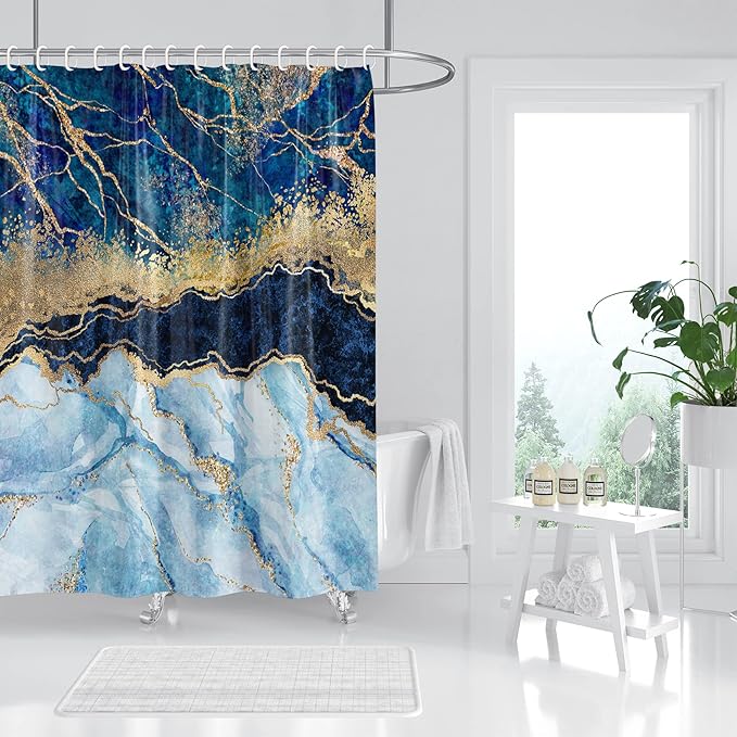 Marble Shower Curtain, Blue Marble Shower Curtain Set, Abstract Luxury Blue Golden Glitter Veins Texture Marble Shower Curtains for Bathroom, Waterproof Fabric with 12 Hooks, 72 x 72 inches