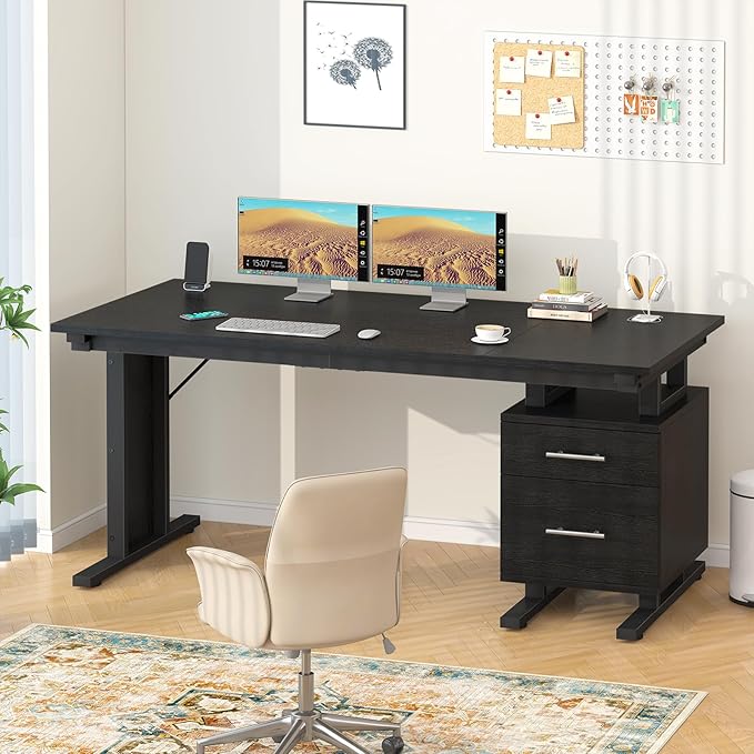63 Inch Executive Computer Desk with Drawers, Large Office Desk with Storage, Industrial Writing Desk with File Drawer for Home Office, Black