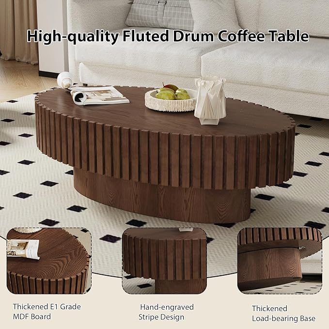 Oval Fluted Coffee Table Mid Century Modern Coffee Tables with Handcrafted Relief Ellipse Drum End Table Rustic Industrial Center Tables for Apartment Living Room (Brown Oval)