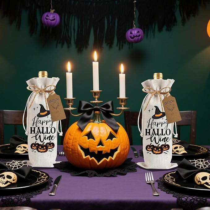 1Pcs Happy Hallo Gifts Wine Bag,Halloween Wine Bag Happy Hallo wine Halloween Gifts Party Decorations for Women Men with 1Pcs Kraft Blessing Cards and natural jute rope