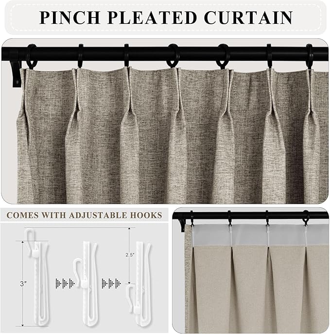 Macochico Blackout Curtains for Sliding Door Pinch Pleated Linen Curtains with Hooks Full Blackout Room Divider for Bedroom Living Room Thermal Curtains with Tieback Tawny 100" Wx84 L 1 Panel