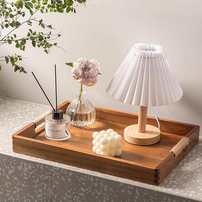 16.5 x 12 Inches Acacia Wood Serving Tray, Large Wooden Food Trays with Handles, Coffee Table Tray for Ottoman, Charcuterie, Parties, Eating, Snack, Decor, Outdoor Kitchen Counter Bandeja De Madera