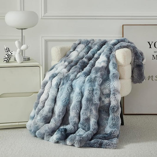 Faux Fur Throw Blanket for Couch Cozy Fuzzy Soft Plush Thick Fluffy Fleece Bubble Blanket for Sofa Bedroom Living Room, 63x79 Inches Tie-Dye Silver Gray