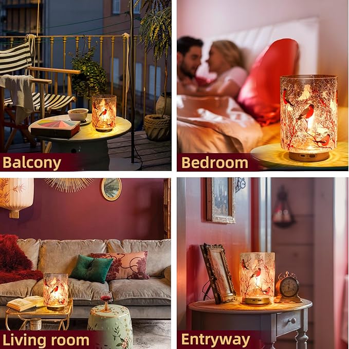 Rechargeable Battery Table Lamp Timer, Handmade Crackle Glass Lamps with Two-Level Dimmer, Emergency Cordless Lamp for Area No Plug, Decorative Mood Light for Entryway/Corner/Bedroom/Bathroom(Red)