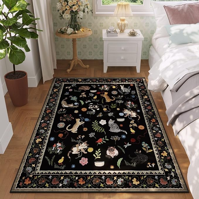 Rugcomf Bedroom Rug 3x5 Rug Washable Area Rug Non Slip Low Pile Boho Floral Animal Cat Small Carpet for Bedroom Bedside Kitchen Entryway Kids Room Office College Dorm Essentials for Girls, Black
