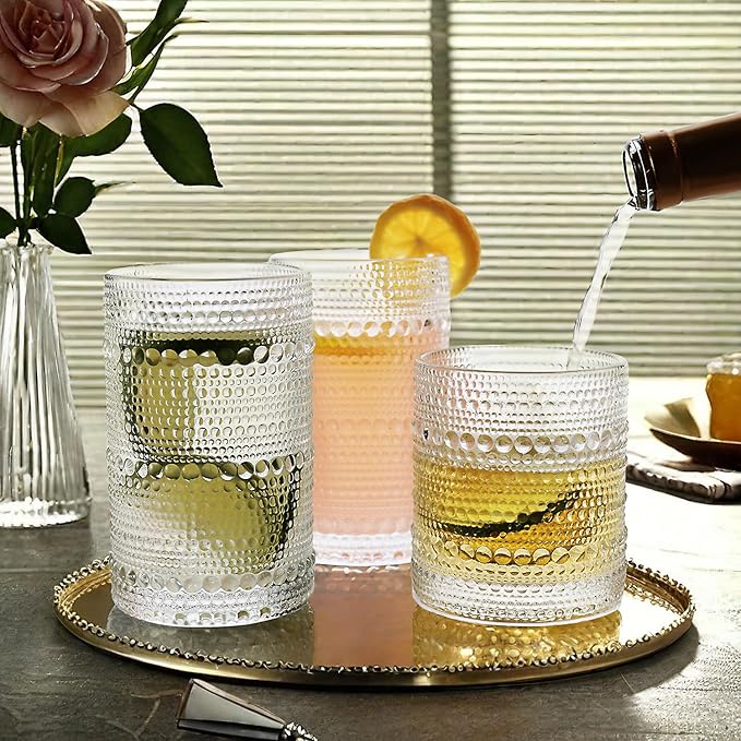 Vintage Hobnail Driinking Glasses Set, Glassware Drinking Set of 8, 12 oz Highball Glasses & 10 oz Cocktail Glasses, Tumbler Glasses for Cocktails, Whiskey, Juice, Milk