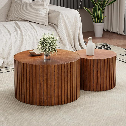 Round Coffee Table Set of 2 Modern Nesting Coffee Tables Wooden Drum Coffee Tables with Non-Slip Feet, Circle Nesting Tables End Table for Living Room Office, No Assembly (Brown 27.56"+19.69")