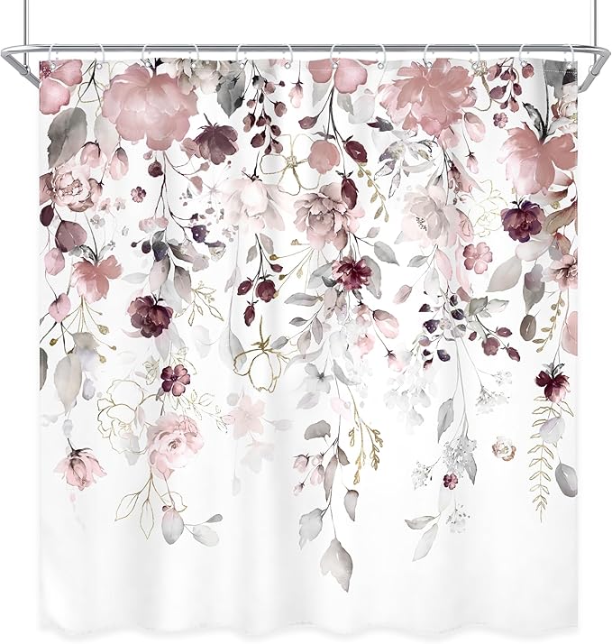 Floral Flower Shower Curtain 72Wx72L Inch Grey Pink Floral Blossom Leaves Girls Watercolor Eucalyptus Botanical Wildflower Plant Bathroom Set Rustic Bath Curtain Bathtub Accessories Home Decor