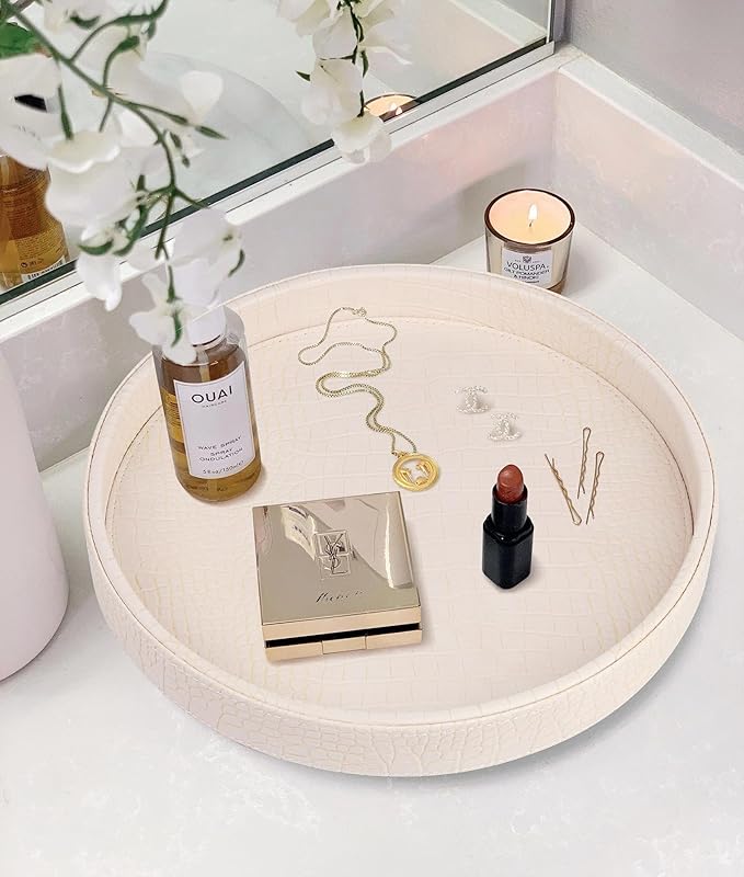 HofferRuffer Faux Leather Round Serving Tray, Vegan Croco Leather Decorative Tray, Food Tray for Storage Drinks, Snack & Cosmetics, Dia.12'' x 1.6'' (CreamWhite/Tiny Yellow)