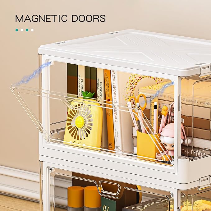 SNSLXH Clear Storage Bins with Lids, Stackable Storage Bins with Magnetic Doors Open Front, Plastic Storage Bins for Living Room, Bedroom, Study Room and Office, 3 Packs, 24QT