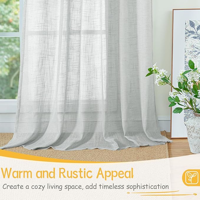 YoungsTex Light Grey Linen Curtains 72 Inch Length for Living Room, Semi Sheer Window Drapes Textured Light Filtering with Rod Pocket Back Tab for Bedroom, 2 Panels, 52 X 72 Inch