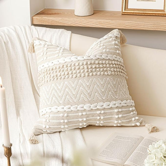 BlissBlush Boho Throw Pillow Cover 22X22, Large Decorative Accent Pillow for Couch, Square Woven Textured Pillowcase, Modern Boho Pillow for Bed, Bohemian Pillow Cover, Cream White (Pack of 1)