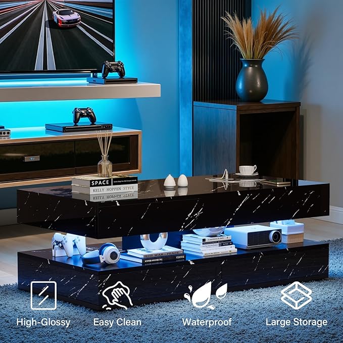 LED Coffee Table, 47.2" Coffee Tables with Storage Drawers, Smart Living Room Table with Wireless Charging & Bluetooth Speaker,Modern Center Tables for Living Room, Black Marble