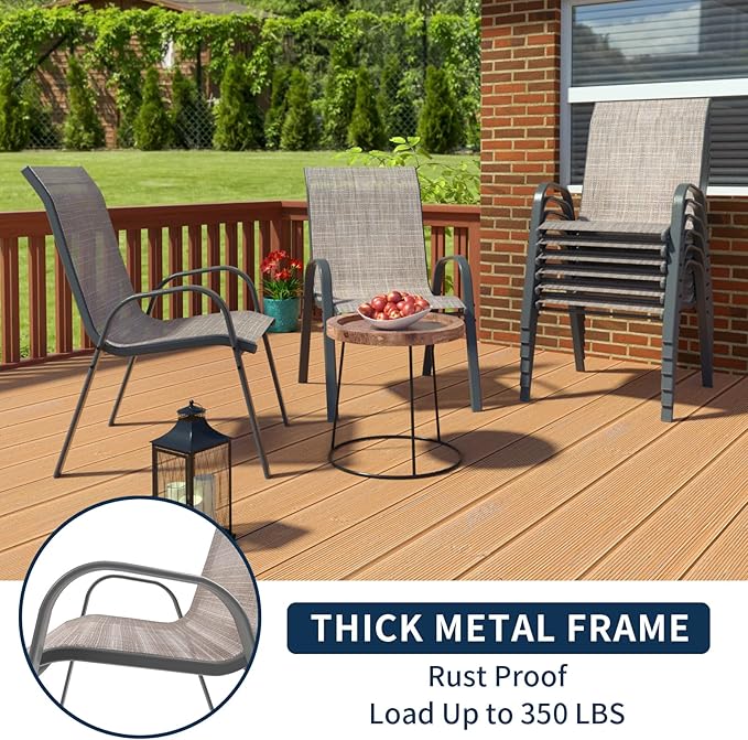 Amopatio Patio Chairs Set of 8, Outdoor Stackable Dining Chairs for All Weather, Breathable Garden Outdoor Furniture for Backyard Deck, Light Brown