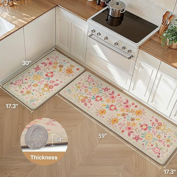 GENIMO Kitchen Mats for Floor 2PCS, Cushioned Kitchen Rugs Non Slip Washable, Farmhouse Anti Fatigue Mat Waterproof, Comfort Standing Mat Rug for Office, Home, Laundry, 17.3"x59"+17.3"x30", Beige