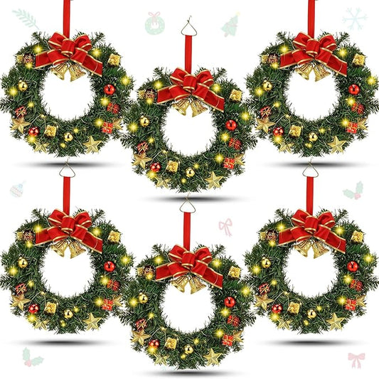 Lyrow 6 Pcs Lighted Christmas Wreath with Red Bow Ornament 13 Inch Prelit Xmas Battery Operated Christmas Wreaths for Front Door Outdoor Holiday Wall Indoor Xmas Decorations Party Decor(Stylish)
