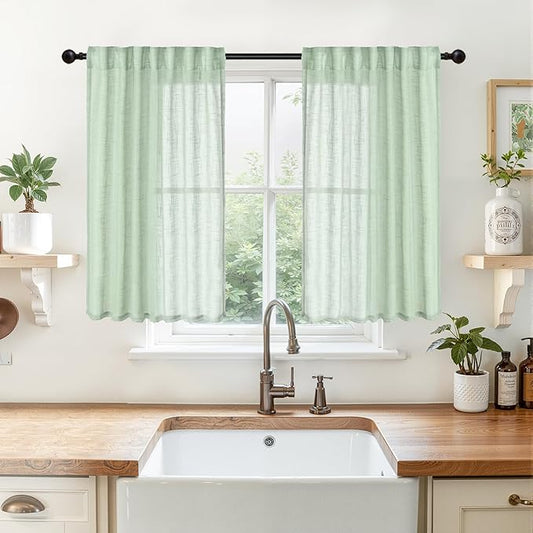 YoungsTex Sage Green Linen Curtains 40 Inch Length for Kitchen Window, Semi Sheer Drapes with Rod Pocket Back Tab Short Rustic Light Filtering for Cafe Bathroom Window, 2 Panels, 42 X 40 Inch