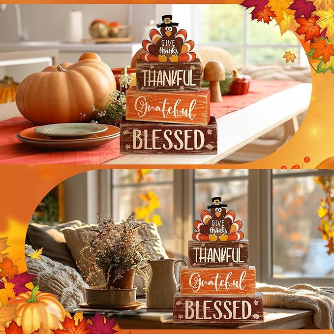 4 Pcs Thanksgiving Decor for Home Funny Turkey Wooden Signs with Hat Thanksgiving Fall Tiered Tray Decor Turkey Tabletop Centerpiece Thankful Block Signs for Office Kitchen Shelf