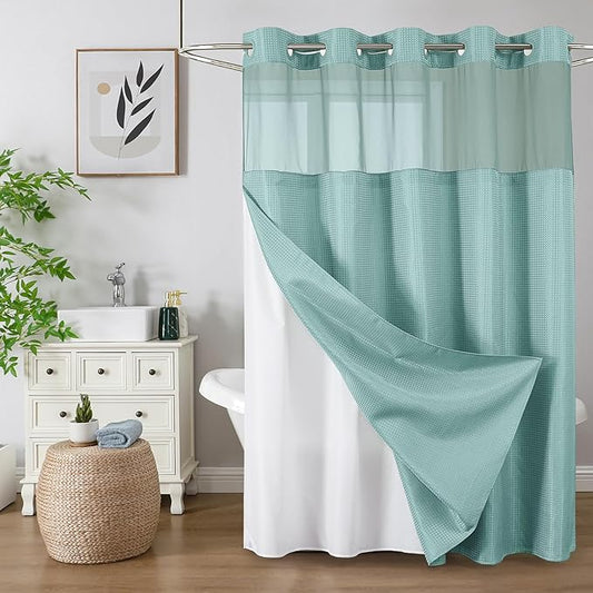 Colorful Star No Hook Shower Curtain with Snap in Fabric Liner, Waffle Weave Heavy Duty Thick Shower Curtains with Mesh Top Window, Hotel Style Waterproof Bathroom Curtain Set, 72 x 75 Inch, Teal