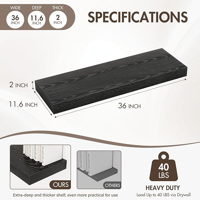 36 Inch Floating Shelves, 12" Deep Floating Shelf Wall Mounted, 36" Wall Shelves, Rustic Deep Bookshelf, Extra Deeper & Thicker Display Shelves for Bedroom, Living Room, Black, Set of 2