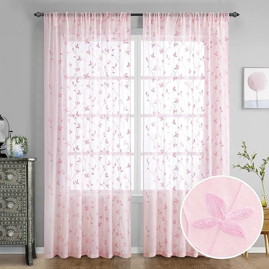 HOMEIDEAS Pink Sheer Curtains 52 X 96 Inches Length 2 Panels Embroidered Vine Floral Pattern Pocket Faux Linen Semi Sheer Voile Window Drapes for Bedroom Living Room