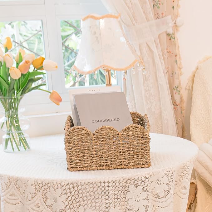 KOKODO Set of 2 Scalloped Wicker Baskets – Handwoven Sqaure Seagrass Storage Baskets with Handles for Organizing, Bathroom, Living Room & Shelf Décor – Decorative Rattan Organizing Bins