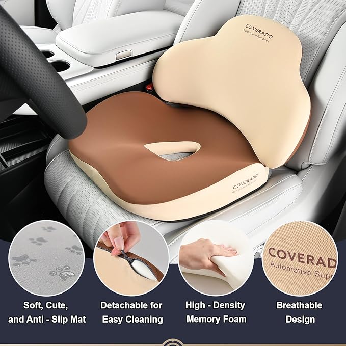 Coverado Car Seat Cushion and Lumbar Support Pillow, Memory Foam Ergonomic Back Support Driving Seat Cushion for Sciatica, Tailbone, Back Pain, Non-Slip Washable Cushion for Car, Driver, Office