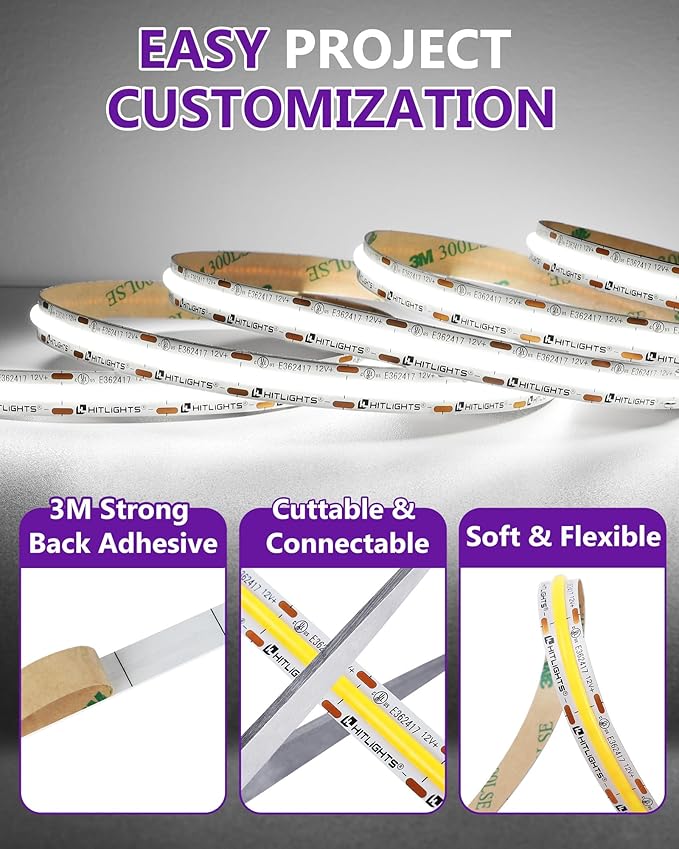 HitLights White COB LED Strip Lights 5000K, 12V Tape Light 16.4ft, 2640 LEDs, 426 lm/ft, CRI 90+, IP30, Premium High Density Lighting for Kitchen, Cabinets, Room, UL Listed(Power Source Not Included)