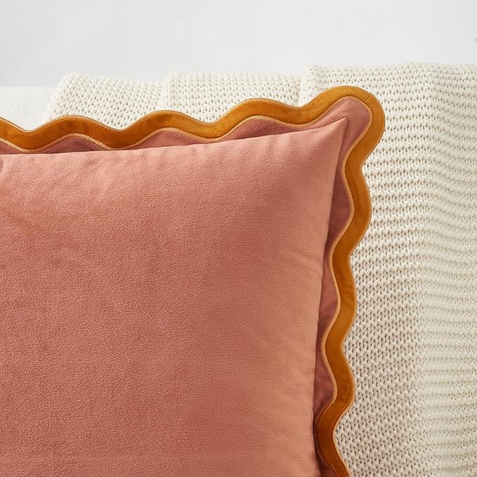 MONDAY MOOSE Decorative Throw Pillow Covers Cushion Cases, Set of 2 Soft Velvet Scalloped Wavy Edge Designs, Mix and Match for Home Decor, Pillow Inserts Not Included (Honey/Pink, 18x18 inch)