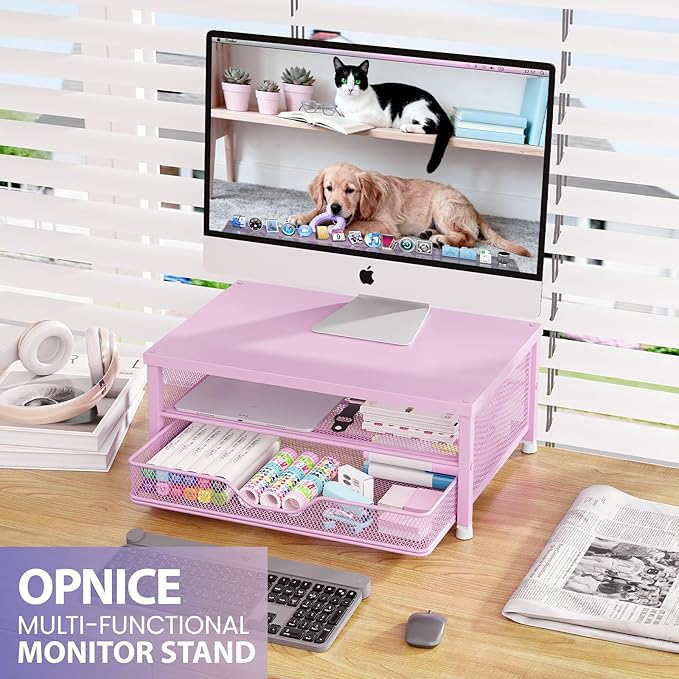 Desk Organizers and Accessories, 2-Tier Computer Monitor Stand Riser with Drawer, Laptop Stand, Office Desk Accessories, Workspace Desktop Organizer for Office Supplies, Pink