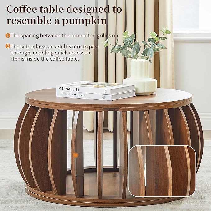 Drum Coffee Table with Storage,31.5” Wood Round Coffee Table,Farmhouse Pumpkin-Shaped Center Table for Living Room Home Office (Walnut)