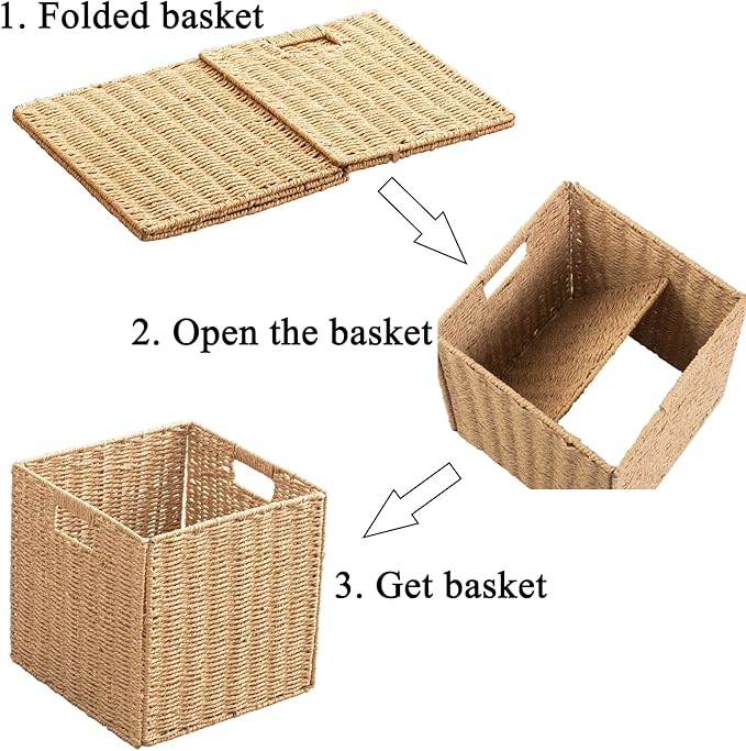 Foldable Storage Baskets with Handles Paper Rope Storage Baskets Rectangle Collapsible Hand Woven Storage Cubes Bins for Organizing Shelves Living Room Bedroom Pantry (4, 13'' x 13'' x 13'')