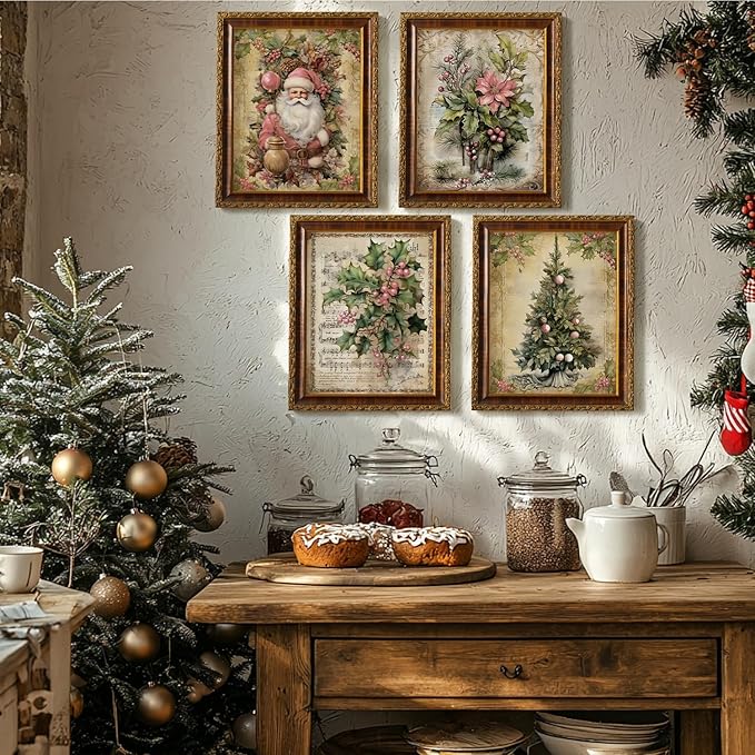 JXREQ Vintage Christmas Pictures Wall Decor Prints,Pink Christmas Wall Art Decorations for Home Kitchen Bedroom Bathroom Living Room Office,Santa Claus Xmas Tree Decor Prints Set of 4,8x10 Unframed